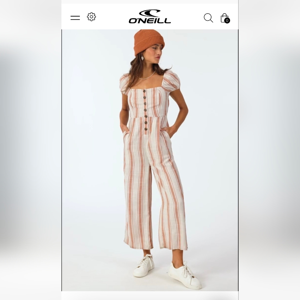 NWT O'Neill LANDRY JUMPSUIT  Button-Front Striped Jumpsuit - Cream and Tan